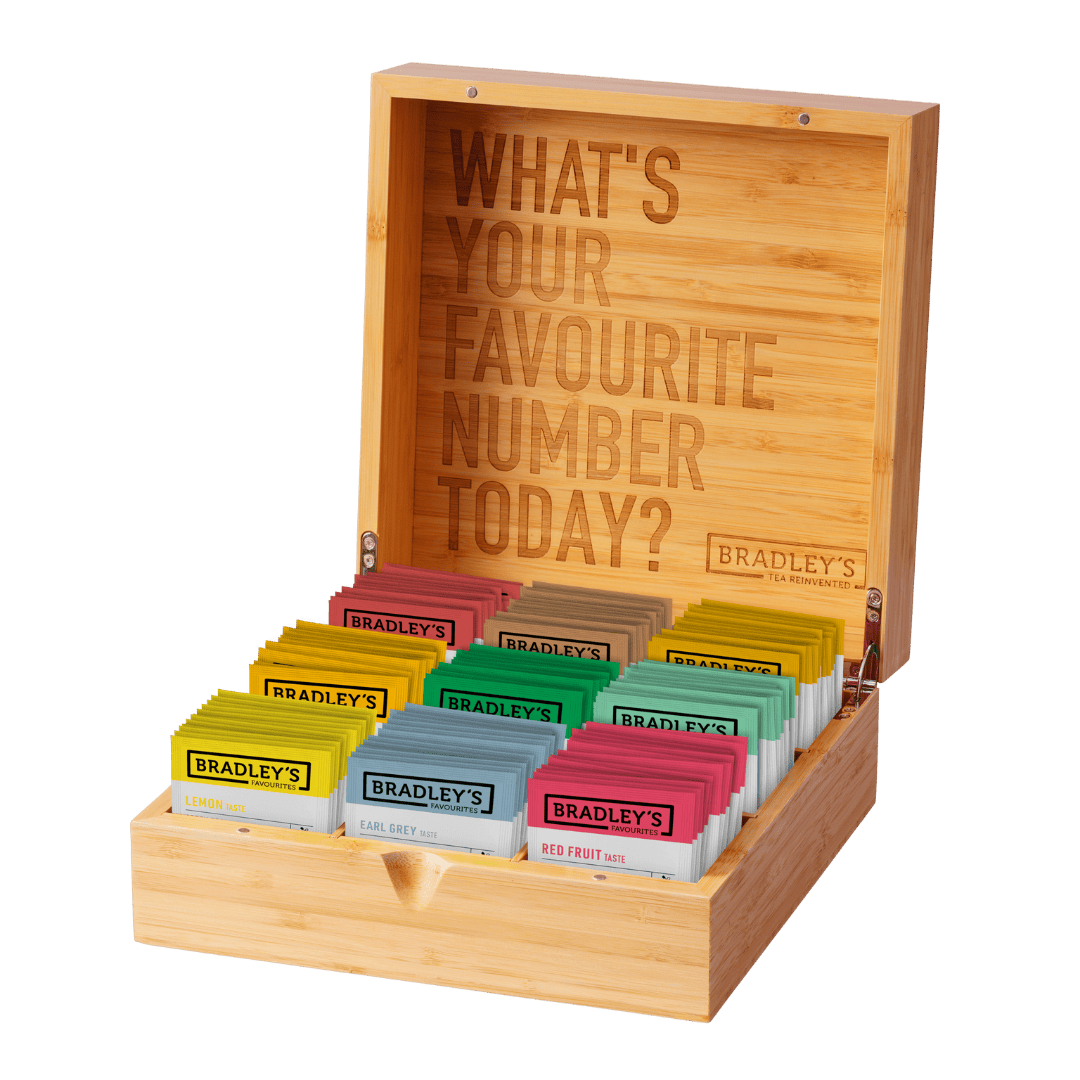 Stijlvolle 9-vaks bamboe theekist voor Bradley’s Favourites thee.
